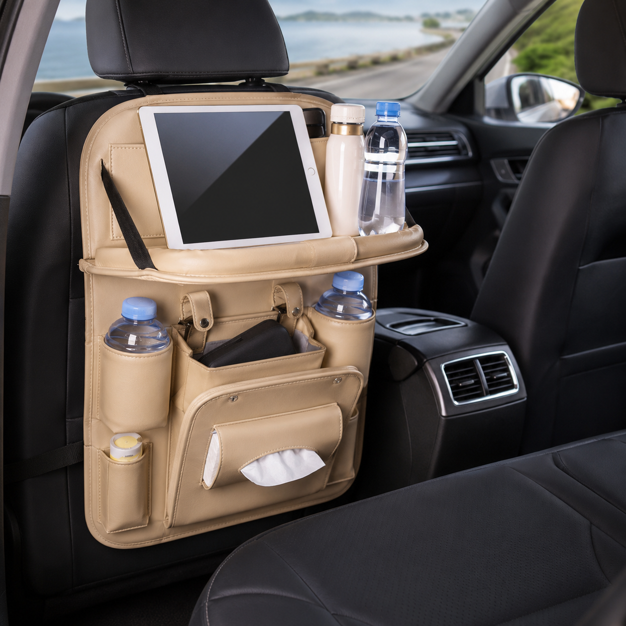 Seat Mate - PU Leather Car Organizer, Tray, Storage, Trash Bin